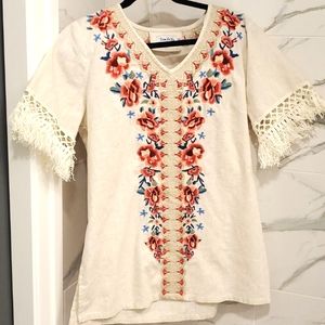 Time for Me size Medium floral embroidered, peasant , Fringes BOHO